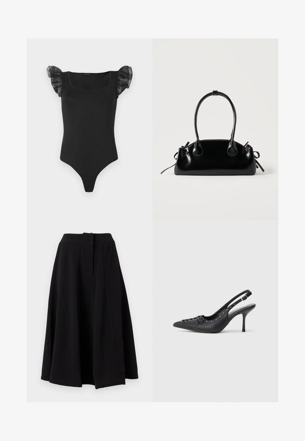 Bodysuit ajusté noir avec décolleté carré et manches courtes en voile froncé, présenté à plat sur un fond blanc.; Jupe midi noire trapèze avec large ceinture et coutures verticales visibles, présentée sur fond uni.; Escarpin en cuir noir à talon aiguille avec un bout pointu, une bride latérale à boucle, des clous le long du bord et un laçage décoratif à l'avant.; Petit sac à main noir brillant avec deux longues anses et des détails à cordon sur les côtés sur un fond clair uni.