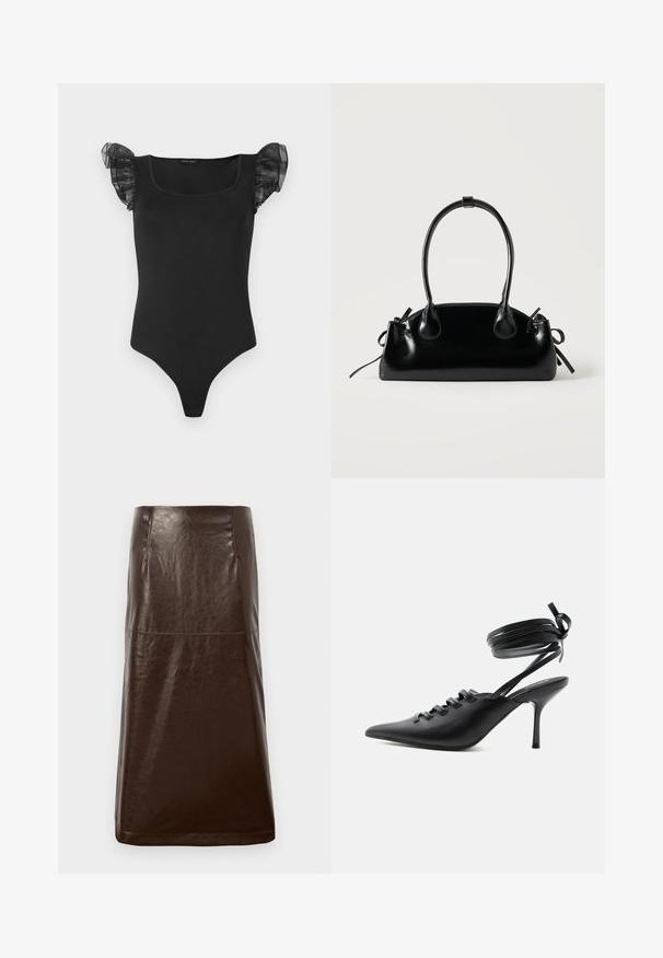 Μαύρο φ fitted bodysuit με τετράγωνη λαιμόκοψη και διάφανα φουσκωτά μανίκια, εκτεθειμένο επίπεδα σε λευκό φόντο.; Καφέ δερμάτινη φούστα με λεία υφή, ίσια σιλουέτα και διακριτική γυαλάδα. Διαθέτει μήκος μέχρι το γόνατο και ελάχιστες λεπτομέρειες ραφής.; Μαύρο μυτερό παπούτσι με ψηλό τακούνι, με δέσιμο μπροστά και λουριά που τυλίγονται γύρω από τον αστράγαλο και δένονται φιόγκος, εμφανίζεται από το πλάι σε λευκό φόντο.; Μικρή μαύρη γυαλιστερή τσάντα με δύο μακριές λαβές και λεπτομέρειες με ρυθμιζόμενο κορδόνι στο πλάι σε απλό ανοιχτό φόντο.