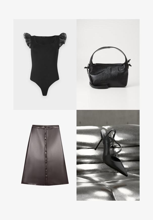 Μαύρο φ fitted bodysuit με τετράγωνη λαιμόκοψη και διάφανα φουσκωτά μανίκια, εκτεθειμένο επίπεδα σε λευκό φόντο.; Καφέ faux δερμάτινη φούστα A-line με απαλή υφή, διαθέτοντας κλείσιμο με κουμπί μπροστά και στρίφωμα που καταλήγει πάνω από το γόνατο.; Μαύρο στιλέτο με μυτερή μύτη και λουράκια που διασταυρώνονται, ακουμπισμένο σε λαμπερή ασημί επιφάνεια από τριχωτό δέρμα.; Μαύρη δερμάτινη τσάντα με δομικό σχέδιο, στρογγυλή λαβή από πάνω και αποσπώμενο λουρί ώμου. Διαθέτει λεία υφή και διακριτική γυαλάδα.