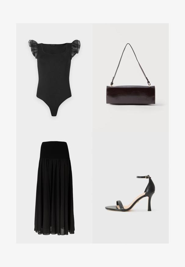 Bodysuit ajusté noir avec décolleté carré et manches courtes en voile froncé, présenté à plat sur un fond blanc.; Jupe maxi noire en tissu léger, dotée d'une large ceinture élastique et d'un design fluide plissé avec un aspect transparent à l'ourlet.; Sandale à talons hauts en cuir noir avec une fine bride de cheville, bout ouvert et un talon élégant et courbé. Semelle texturée et design minimaliste.; Sac à main rectangulaire en cuir noir avec une longue bandoulière unique et une finition brillante, présenté sur un fond blanc uni.
