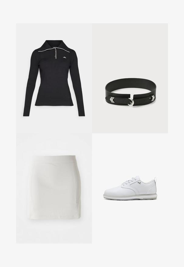 Must must kombinesed polo särk, millel on sooniline tekstuur, kolme nööbiga eesmine kinnitamine ja kontrastne valge krae. Rinnale on tikitud logo.; Valge mini seelik sileda tekstuuriga, kitsas disain, elastne vöökoht ja külgõmblused. Minimalistlik stiil, ilma nähtavate mustrite või kaunistusteta.; Valged spordijalatsid siledast sünteetilisest nahast pealsega, tekstureeritud aktsentidega, pehmendatud krae ja kummist sisetallaga, mis tagab hea haarde. Hõbedane logo detail.; Must muströöv must prussi laia riba, hõbedased aktsendid ja ümmargune vöö lukk. Omab ühte nööri ja mitut aukude reguleerimist.