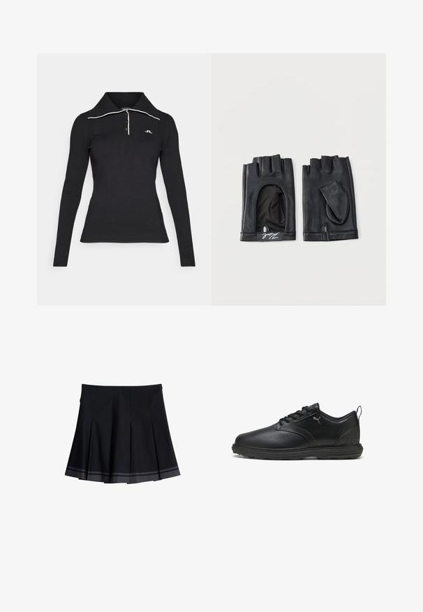 Polo negro de manga larga con textura acanalada, tapeta de tres botones y detalle de cuello blanco en contraste. Logo bordado en el pecho.; Falda negra plisada con dos franjas grises horizontales cerca del dobladillo, con una cinturilla suave y detalles laterales sutiles.; Zapato de cuero negro con un acabado suave, panel lateral texturizado, diseño de cordones y cuello acolchado. Presenta un logo sutil y acentos con patrón.; Par de guantes de cuero negros sin dedos con cubiertas de pulgar removibles y pequeño logo blanco en la muñeca.