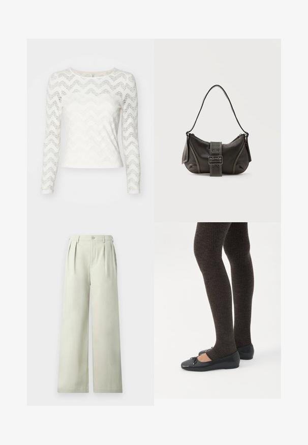 Haut à manches longues blanc avec un motif de dentelle en zigzag, décolleté rond et une silhouette ajustée. Texture lisse avec un léger éclat.; Pantalons larges vert clair en tissu lisse, avec des plis, une taille à bouton unique et une coupe épurée.; Jambes portant des leggings côtelés foncés associés à des ballerines noires avec de petits détails en nœud sur fond blanc.; Sac à épaule en cuir noir avec une sangle à boucle, des bords arrondis et des coutures blanches contrastées sur un fond uni.