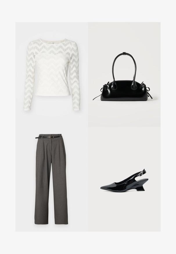 Haut à manches longues blanc avec un motif de dentelle en zigzag, décolleté rond et une silhouette ajustée. Texture lisse avec un léger éclat.; Pantalon gris taille haute avec plis et poches latérales, stylisé d'une fine ceinture noire avec une boucle ronde dorée.; Chaussure slingback en cuir verni noir avec bout pointu et petit talon bloc incliné sur fond clair uni.; Petit sac à main noir brillant avec deux longues anses et des détails à cordon sur les côtés sur un fond clair uni.