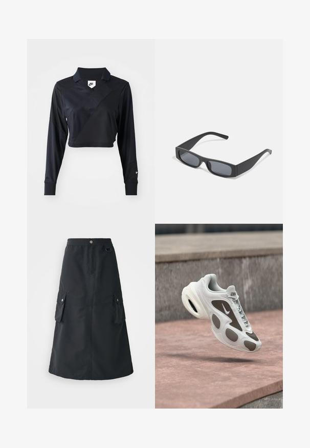 Schwarzes langärmliges, cropped Polo-Shirt mit V-Ausschnitt, diagonaler Nahtgestaltung, glatter Textur und einem Nike-Logo auf dem Ärmel.; Schwarzer Mid-Calf-Rock aus leichtem Stoff, mit elastischem Bund, zwei Cargo-Taschen und einem dezenten Glanz.; Weißer und grauer Nike-Sneaker schwebt über einer Steinoberfläche, mit Schnürverschluss vorne und sichtbarer Luftdämpfung in der Sohle.; Schwarze rechteckige Sonnenbrillen mit dunklen Gläsern und dicken matten Rahmen. Die Bügel sind leicht verjüngt und haben eine glatte Oberfläche.
