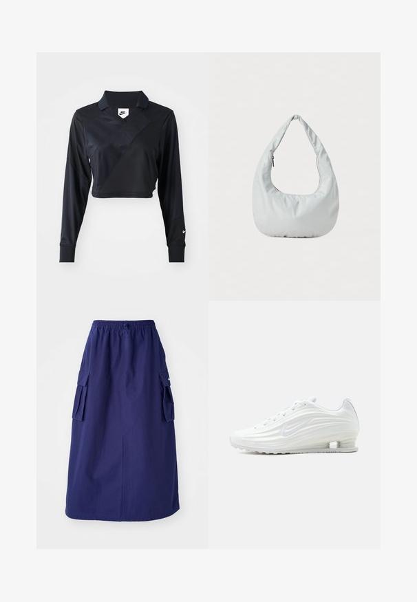 Sort langærmet cropped polo-skjorte med V-hals, der har et diagonalt sømdesign, glat tekstur og et Nike-logo på ærmet.; Marineblå, mellemlang nederdel med elastisk talje, der har to sidelommer og et minimalistisk logodesign. Glat stofstruktur.; Hvid Nike løbesko med teksturerede bølgemønstre og en synlig luftpude i sålen, set fra siden på en neutral baggrund.; Blød, lys grå hobo-taske lavet af syntetisk materiale. Har et enkelt polstret håndtag og en lynlåslomme på siden.