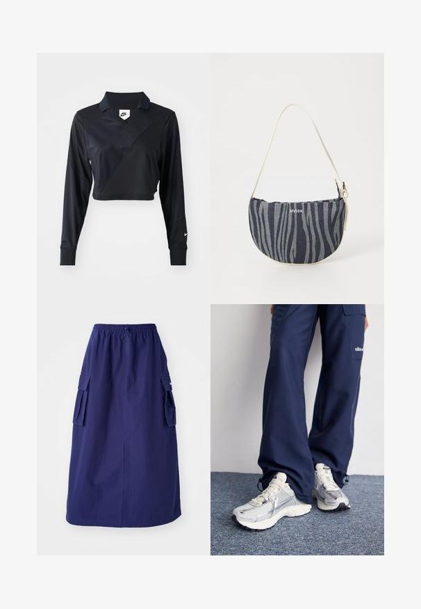 Schwarzes langärmliges, cropped Polo-Shirt mit V-Ausschnitt, diagonaler Nahtgestaltung, glatter Textur und einem Nike-Logo auf dem Ärmel.; Marineblaue, knielange Rock mit elastischem Bund, der über zwei seitliche Cargotaschen und ein minimales Logodesign verfügt. Glatte Stoffoberfläche.; Nike Sportschuhe mit einem silbernen Mesh-Obermaterial, weißen Akzenten und strukturierten Sohlen, kombiniert mit locker sitzenden marineblauen Hosen.; Denim-Handtasche mit geschwungener Form, die ein navy- und hellblaues Zebra-Streifenmuster aufweist, einen weißen Trageriemen hat und das Markenlogo prominent präsentiert.