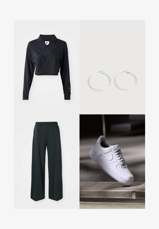 Sort langærmet cropped polo-skjorte med V-hals, der har et diagonalt sømdesign, glat tekstur og et Nike-logo på ærmet.; Sorte, brede atletiske bukser med elastisk talje. Lavet af glat, strækbart stof, med diskrete frontsyninger og ingen lommer.; Hvid Nike Air Force 1 sneaker svævende over en betonoverflade med skygger i et minimalistisk miljø.; Par skinnende sølvøreringe med tynde trådlåse, vist på en lys grå baggrund.