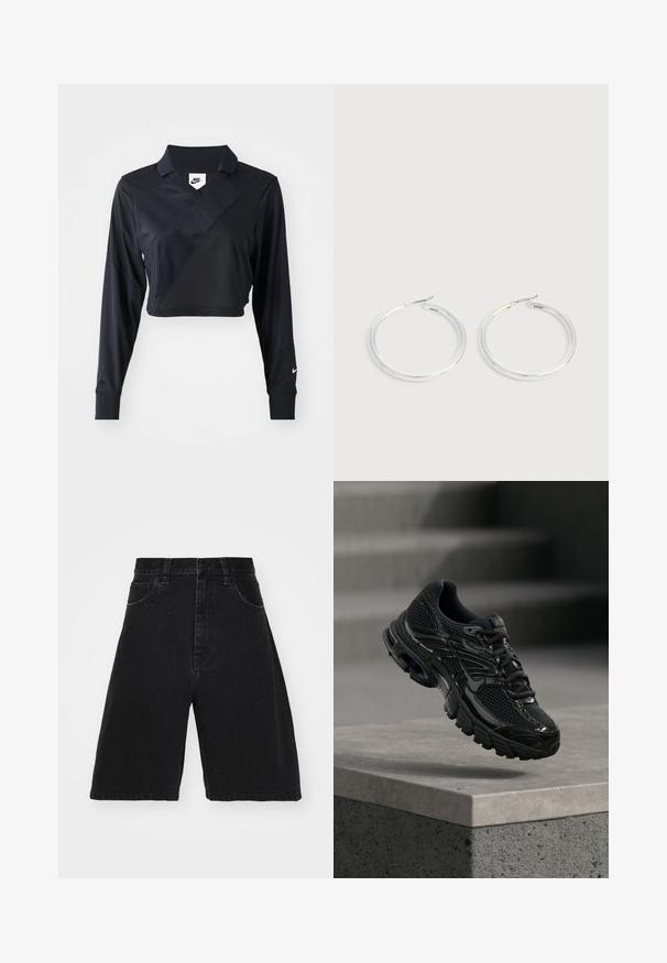 Must mustargiga mustekatega polo-särgil on V-kaelus, diagonaalne õmblusdisain, sile texuur ja Nike logo varrukal.; Mustad denim šortid kõrge vöökoha, laia jala disainiga, viie tasku ja nööpide sulgemisega. Sile tekstuur minimaalsete plekkidega.; Must Nike jooksujalatsite võrkkangas ja sünteetilise pealiskihiga, hõljub betoonpinna ja tähtede kohal taustal.; Paari läikiva hõbedase rõngaskujulise kõrvarõngastega, millel on õhukesed traatlukkud, kuvatud heleda halli taustal.