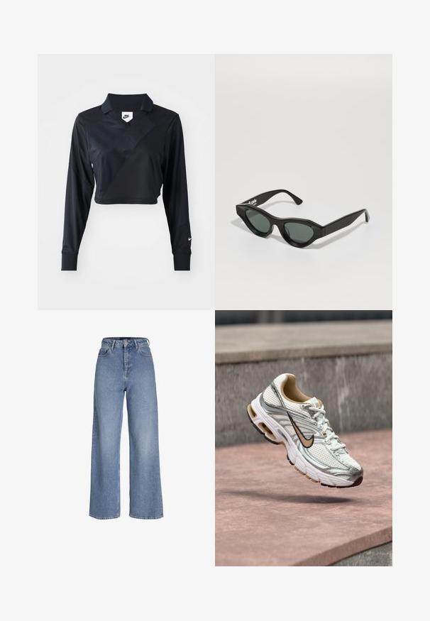 Čierna dlhá rukáv polo košeľa so skráteným strihom a výstrihom do V, ktorá má diagonálny šev, hladkú textúru a logo Nike na rukáve.; Svetlomodré rifle s vysokým pásom, širokými nohavicami, zapínaním na gombíky a zips vpredu a piatimi vreckami.; Biely a strieborný bežecký Nike topánka s béžovým logom Swoosh, zobrazená vo vzduchu nad kamenným povrchom s rozmazaným sivým pozadím steny.; Čierne slnečné okuliare s geometrickým dizajnom, vyrobené z lesklého plastu. Tmavozelené šošovky, šikmé tvar mačacích očí a ploché rámy.