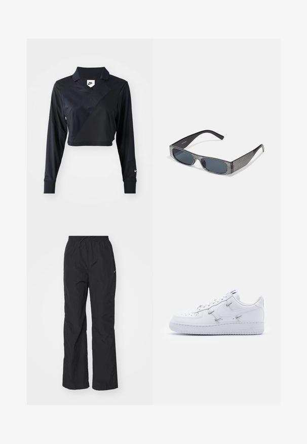 Schwarzes langärmliges, cropped Polo-Shirt mit V-Ausschnitt, diagonaler Nahtgestaltung, glatter Textur und einem Nike-Logo auf dem Ärmel.; Schwarze, leichte Hose mit elastischem Bund und Kordelzug. Verfügt über eine strukturierte Oberfläche und ein kleines reflektierendes Logo an der Seite.; Nike Sportswear AIR FORCE 1 - Sneaker low - white/hyper royal/black; Schwarze Sonnenbrille mit grauen Gläsern, versehen mit einem Rastermuster aus kleinen metallischen Strasssteinen entlang der Fassung. Glatte Oberfläche, kantiges Design.