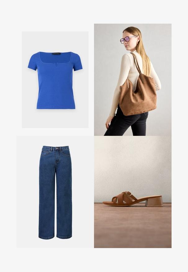 Haut bleu à manches courtes en tricot côtelé avec encolure carrée présentant une petite découpe en forme de V au centre devant.; Jean large en denim bleu foncé avec taille haute, doté d'une fermeture à bouton, de passants de ceinture et de poches avant et arrière. Texture lisse.; Mule en cuir marron à bout ouvert, avec un talon bloc et des brides croisées, posé sur un sol gris avec un arrière-plan sombre flou.; Sac fourre-tout en daim marron avec une texture douce, grande ouverture et longues sangles. Présente un design simple avec des coutures visibles et sans matériel.