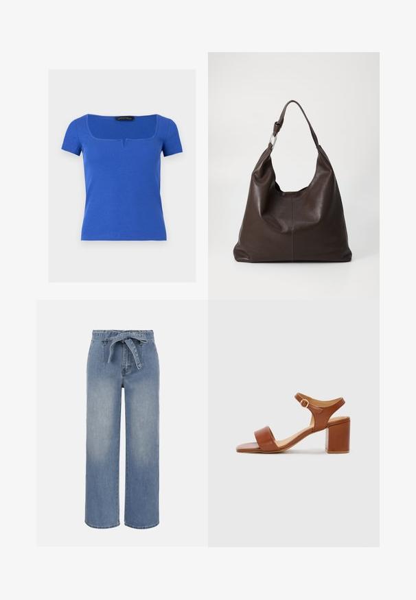 Haut bleu à manches courtes en tricot côtelé avec encolure carrée présentant une petite découpe en forme de V au centre devant.; Jean taille haute à jambes larges bleu clair avec ceinture en tissu nouée et poches avant, présentant un effet délavé légèrement estompé.; Sandale à talon en cuir marron avec un bout carré, une bride de cheville ajustable et un talon carré. Texture lisse et design minimaliste.; Zign LEATHER - Cabas - chocolate brown