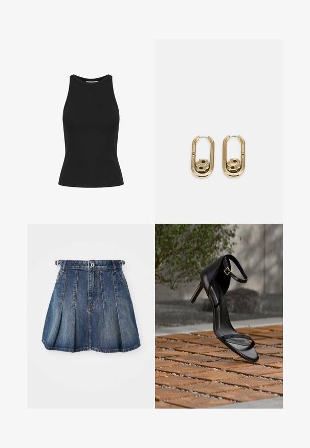 Débardeur noir à côtes sans manches avec un col rond. Présente un logo en relief discret à l'avant. Texture lisse, design ajusté.; Jupe en denim avec un lavage bleu foncé, design plissé, fermeture à boutons et passants de ceinture. Présente des accents de couture subtils et des poches latérales.; Sandale noire à talon haut avec sangle à la cheville, suspendue au-dessus d'un sol en carreaux de bois à l'extérieur, avec un arrière-plan flou de verdure et de pierre.; BOSS DOUBLE B SWING - Boucles d'oreilles - gold-coloured