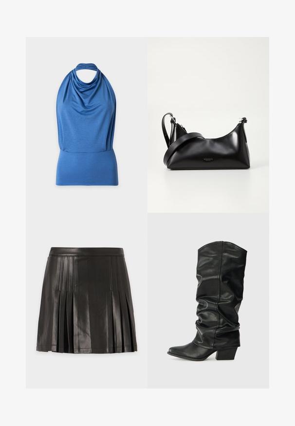 Blue sleeveless halter neck top with draped fabric and wide fitted waistband on a plain background.; Black faux leather pleated mini skirt with stitched detailing along the pleats and waistband against a plain background.; Black leather knee-high boots with a slouched design, pointed toe, and a chunky heel, featuring smooth texture and minimal stitching.; Black leather handbag with a smooth texture. Features an adjustable strap and a sleek, minimalistic design with a zip closure.