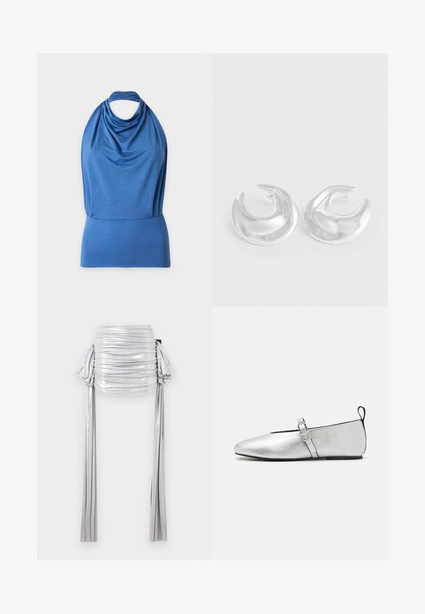 Haut bleu sans manches à col halter avec tissu drapé et large ceinture ajustée sur un fond uni.; Mini-jupe argentée métallique froncée avec de longues attaches latérales pendantes de chaque côté, présentée sur un fond blanc.; rag & bone SPIRE MARY JANE - Babies - silver; Une paire de boucles d'oreilles hoop en argent poli en forme de croissant avec une surface lisse et réfléchissante sur fond blanc.