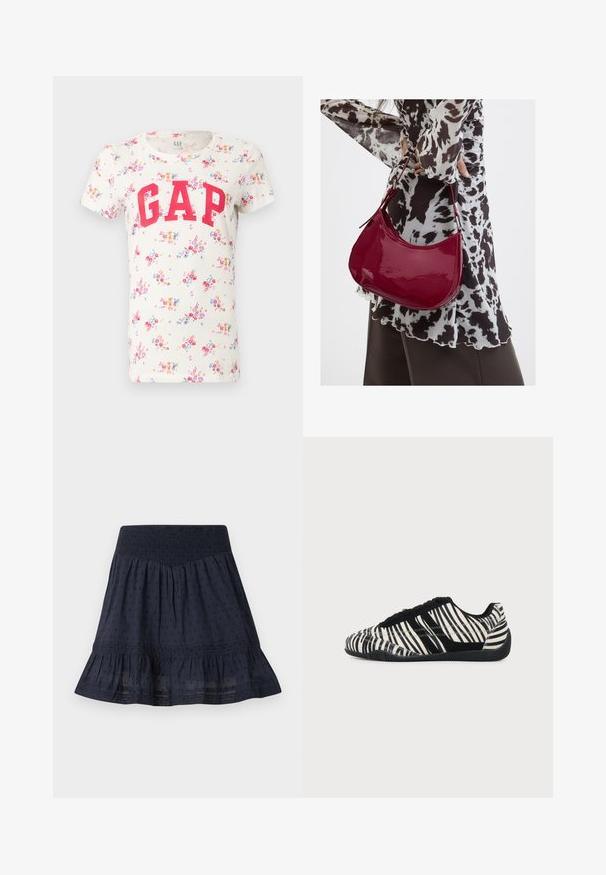 T-shirt blanc à manches courtes avec imprimé floral coloré et grande inscription rouge "GAP" sur la poitrine.; Jupe bleu marine longueur genou avec taille smockée élastique, motif discret à pois et ourlet volanté.; Baskets à lacets noires et blanches avec motif rayures zèbre et semelle noire texturée sur un fond clair uni.; Femme portant un chemisier à motif noir et blanc tenant un sac à main rouge brillant sur un fond uni.