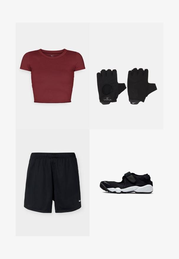 Bordeaux, kortstraat crop top van gladde stof met een ronde halslijn. Minimalistisch ontwerp, geen zichtbare logo's of patronen.; Zwarte Nike sportieve shorts met elastische tailleband en klein wit Nike-logo op het rechteronderbeen, weergegeven tegen een effen lichte achtergrond.; Zwarte mesh sportieve schoen met witte zool en twee zwarte klittenbandriemen om vast te maken, zijaanzicht op een witte achtergrond.; Zwarte vingerloze handschoenen met een gestructureerd ontwerp. Gemaakt van een ademend materiaal, met een duimopening en versterkte palm voor grip.