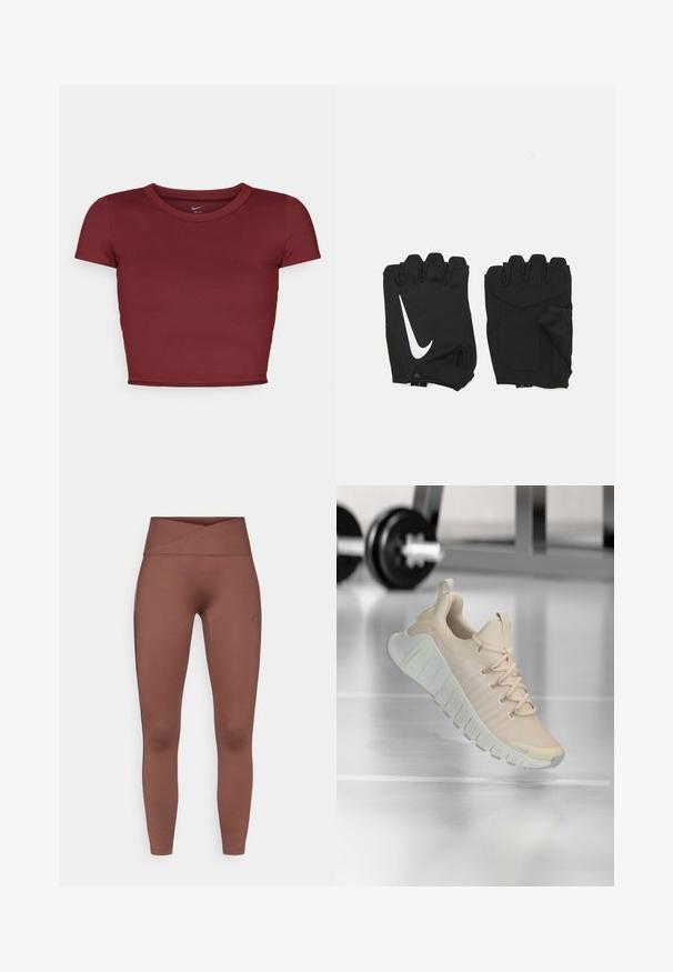 Bordeaux, kortstraat crop top van gladde stof met een ronde halslijn. Minimalistisch ontwerp, geen zichtbare logo's of patronen.; Bruine high-waisted leggings met een gladde, rekbare textuur. Beschikt over een kruisband en geen zichtbare naden. Geschikt voor sportkleding.; Lichtgewicht sneaker in een zachte beige kleur. Heeft een gestructureerd bovenwerk, platte veters en een dikke, geribbelde zool met subtiele merkaccenten.; Zwarte vingerloze fitnesshandschoenen van ademend materiaal, met een wit Nike-logo, gevoerde handpalmen en een open polsontwerp voor flexibiliteit.