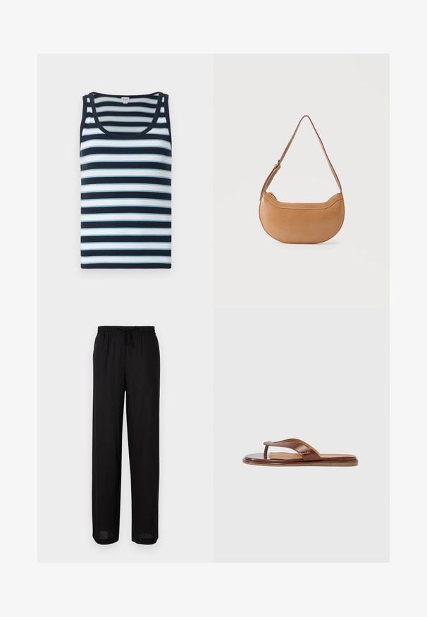 Débardeur rayé avec une texture côtelée, présentant des rayures horizontales bleu foncé et bleu clair, un col arrondi et une bordure foncée.; Pantalon noir ample avec taille élastique et cordon de serrage, coupe droite, adapté pour une tenue décontractée.; Tongs en cuir marron avec une bride texturée et une semelle intérieure lisse. Présente un design minimaliste et une semelle plate, adaptées pour un usage décontracté.; Sac d'épaule en cuir marron clair en forme de croissant avec une sangle ajustable et une fermeture éclair supérieure sur un fond uni.