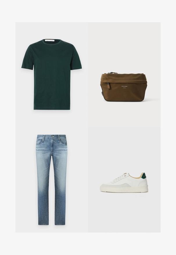 T-shirt à manches courtes vert foncé en coton ; présente un col rond et un design uni sans motifs ni graphiques visibles.; Jeans en denim bleu clair avec une coupe droite, dotés d'un délavage, de cinq poches et d'une fermeture éclair avec un bouton en métal.; Baskets blanches avec des accents en daim, bout arrondi, lacets plats et semelle en caoutchouc crème. Présente une marque verte sur le talon.; Trousse rectangulaire marron à fermeture éclair, avec petite poche avant et texte "Tiger of Sweden 1903" sur le devant.