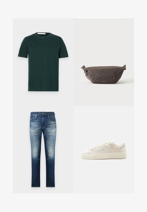 T-shirt à manches courtes vert foncé en coton ; présente un col rond et un design uni sans motifs ni graphiques visibles.; Jean en denim bleu avec des détails délavés sur les cuisses et les genoux, style classique à cinq poches, coupe droite.; Baskets basses blanches avec fermeture à lacets, tige en tissu texturé et semelle épaisse en caoutchouc, vues de côté extérieur sur un fond uni.; Sac banane en tissu marron foncé avec poche zippée en diagonale et petit logo blanc sur le devant, sur un fond clair uni.
