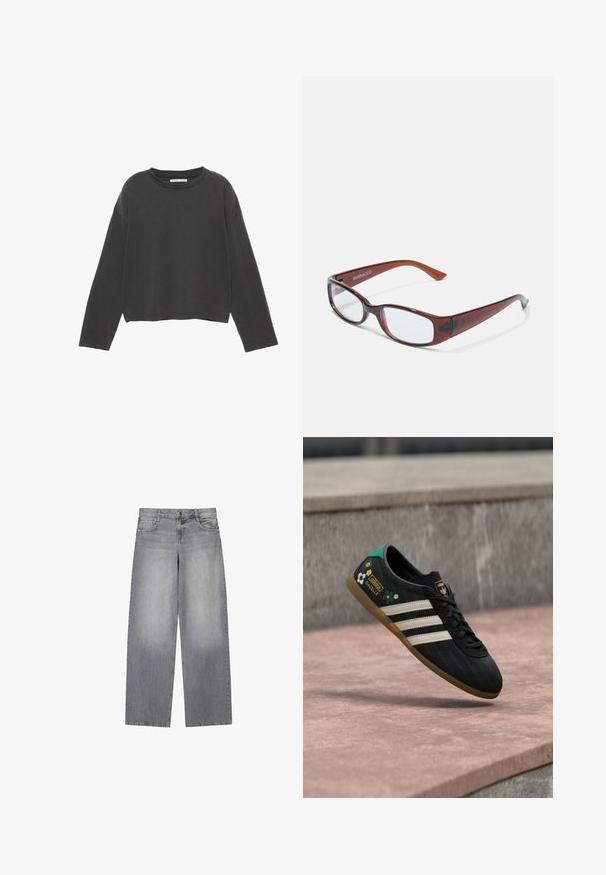 T-shirt noir à manches longues cropped en coton doux. Présente un col rond et des coutures visibles le long des coutures.; Jean en denim gris à jambes larges avec une finition légèrement décolorée, doté de cinq poches, d'une fermeture à bouton à l'avant et de passants de ceinture.; Chaussure de sport noire avec des rayures blanches, tige à motif avec des accents floraux et un talon vert. Semelle en caoutchouc offrant une bonne adhérence.; Lunettes rectangulaires teintées de brun avec une finition brillante, dotées de branches fines et de verres transparents. Logo visible sur la branche gauche.
