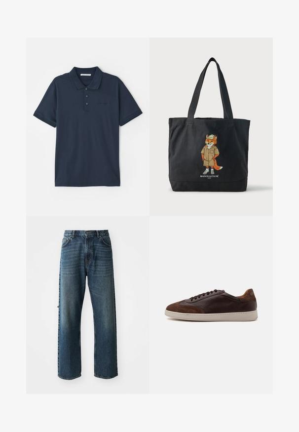 Marineblaue Poloshirt aus Baumwolle mit einer Knopfleiste mit drei Knöpfen, kurzen Ärmeln und dezentem Logo auf der Brust. Glatte Textur.; NN.07 OTIS - Jeans Straight Leg - stonewashed; Low-Top brauner Leder- und Veloursledersneaker mit dunkelbraunen Schnürsenkeln und weißer Gummisohle, von der Außenseite gezeigt.; Schwarze Tragetasche mit zwei Griffen, motiviert mit einer Illustration eines Fuchses mit Hut und Shorts sowie dem Text "Maison Kitsuné Paris" darunter.