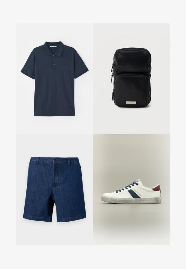 Marineblaue Poloshirt aus Baumwolle mit einer Knopfleiste mit drei Knöpfen, kurzen Ärmeln und dezentem Logo auf der Brust. Glatte Textur.; Dunkelblaue Jeansshorts mit Gürtelschlaufen, vorderem Knopf und Reißverschluss, dargestellt vor einem schlichten hellen Hintergrund.; Weißer Sneaker mit niedrigem Schaft, marineblauen Schnürsenkeln und Streifen, bordeauxrotem Fersenlasche, "Jack & Jones"-Branding und strukturierter grauer Sohle.; Schwarze rechteckige Umhängetasche mit zwei Reißverschlussfächern und einer kleinen metallischen Calvin Klein Logo-Plakette auf der Fronttasche.