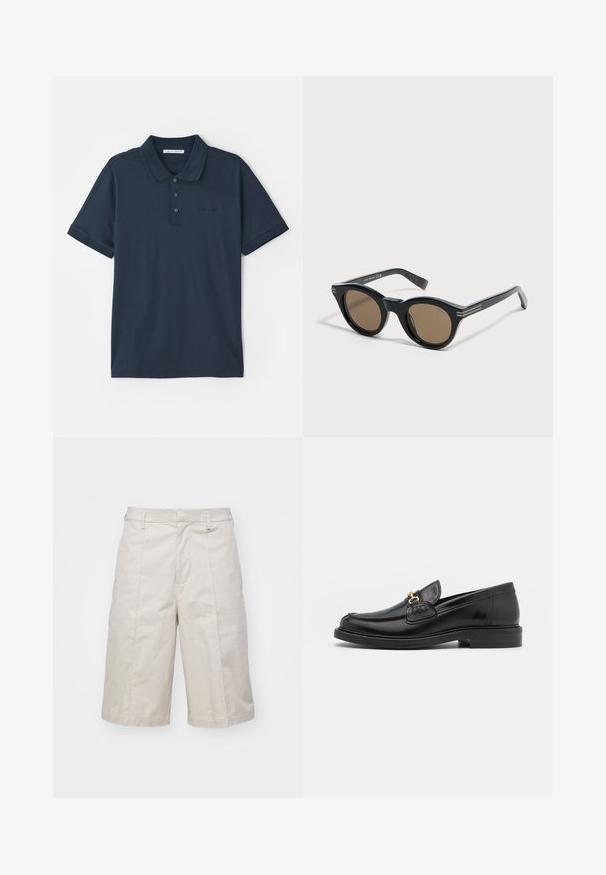 Marineblå polo shirt lavet af bomuld, med en tre-knaps lukning, korte ærmer og et diskret logo på brystet. Glat tekstur.; Beige bomuldsshorts med lige snit, knælange, med to forlommer og subtile folder for ekstra tekstur.; Sorte læder loafers med en rund tå, der har guld hardware accent og syningsdetaljer, placeret på en lav, tekstureret gummisål.; Sorte runde solbriller med tykke stel og brune linser, placeret på en hvid overflade med en let vinkel mod højre.
