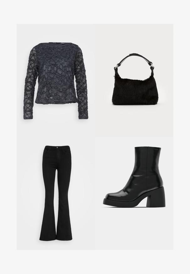 Sort langærmet bluse med struktureret, bølget perle mønster. Gennemsigtigt stof med rund halsudskæring. Regular fit og længde.; Sorte højtaljede flare jeans med frontknap og lynlås, to forlommer og bæltestropper på en hvid baggrund.; Sorte ankelstøvler med en blank finish, firkantet tå og en tyk blokhæl. Designet har en strømlinet silhuet og minimal branding.; Sort faux fur håndtaske med en blød tekstur, rund form og en robust skulderrem i sort læder. Synlige sølvhardware-detaljer.