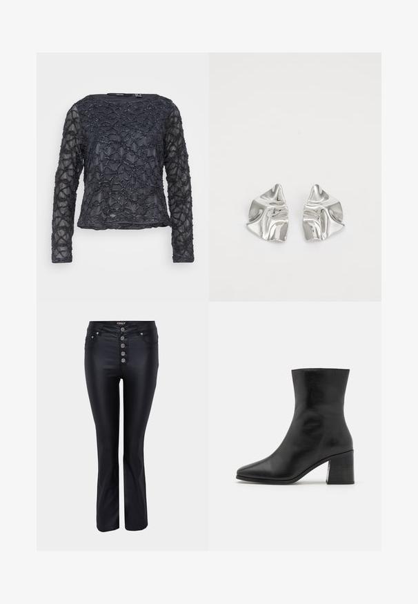 Sort langærmet bluse med struktureret, bølget perle mønster. Gennemsigtigt stof med rund halsudskæring. Regular fit og længde.; Sorte flared jeans med et elegant design, lavet af et glat materiale. Har fem sølvfarvede knaplukninger og lommer foran.; Sorte læder ankelstøvle, spids tå, glat tekstur, mellemhøj blokhæl, minimalistisk design og syede detaljer langs kraven.; Sølvmetal øreringe med et bølgende, skulpturelt design, der har en poleret overflade og uregelmæssige former, hvilket fremhæver en moderne æstetik.