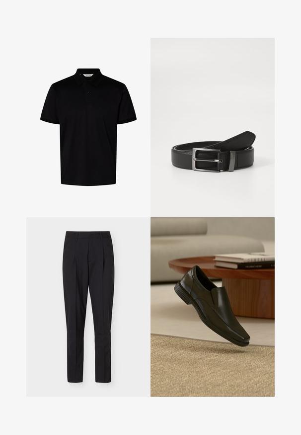 Polo noir à manches courtes avec col et deux boutons au niveau de l'encolure, présenté sur un fond blanc uni.; Pantalon formel noir slim-fit avec passants de ceinture et pli frontal, présenté sur fond blanc.; Chaussure habillée noire en cuir sans lacets flottant au-dessus d'un tapis beige tissé, avec une table basse ronde en bois et des livres empilés en arrière-plan.; Ceinture en cuir noir avec une boucle en métal argenté, présentant une finition lisse et un design classique. La ceinture est soigneusement pliée.