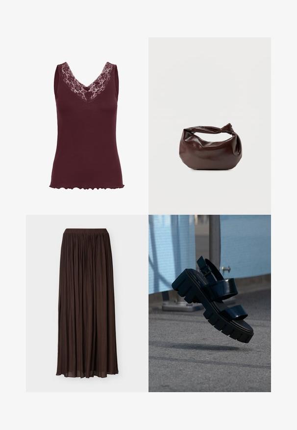 Kaffe KAJENNA - Top - zinfandel; Lang mørkebrun plisseret nederdel med elastisk talje, let stof og detalje med sideslids.; Sort chunky platformsandal med to remme og spænde, svævende midt i luften over grå fortov og blå stofbaggrund.; Mørkebrun læder skuldertaske med en blød, afslappet form og et snoet knudehåndtag på en ensartet hvid baggrund.