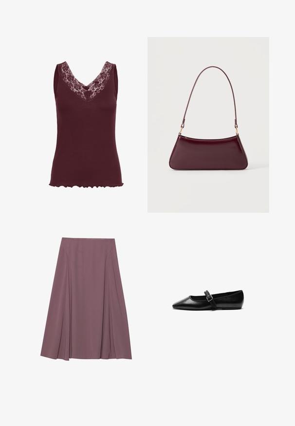Kaffe KAJENNA - Top - zinfandel; En knælang nederdel i en dæmpet mauve farve, lavet af letvægtsstof med plisseret design og en glat tekstur. Ingen synlige lukninger.; Sorte flade sko lavet af læder med spidse tæer, justerbar rem med metalspænde, glat tekstur og minimalistisk design.; Mørk burgunderglans håndtaske med et enkelt tyndt håndtag og en elegant, trapezformet form på en ensartet lys baggrund.