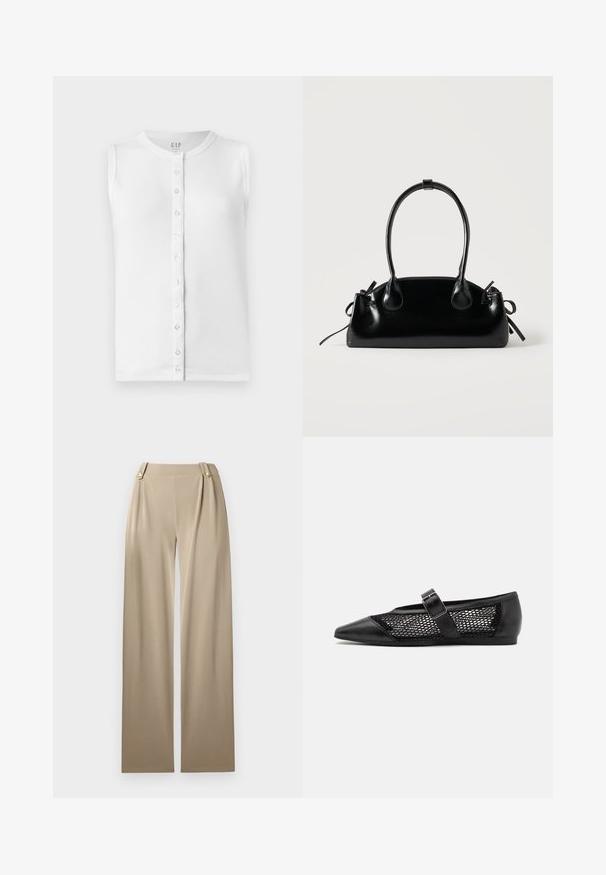 Débardeur blanc sans manches en tissu côtelé, avec un col rond et un devant boutonné avec des boutons transparents.; Pantalons large en beige avec une texture lisse, présentant deux boutons décoratifs à la taille et des plis subtils pour plus de détails.; Chaussure plate noire avec un bout pointu, panneaux latéraux en maille et une sangle avec une boucle décorative. Fini lisse sur les sections du bout et du talon.; Petit sac à main noir brillant avec deux longues anses et des détails à cordon sur les côtés sur un fond clair uni.