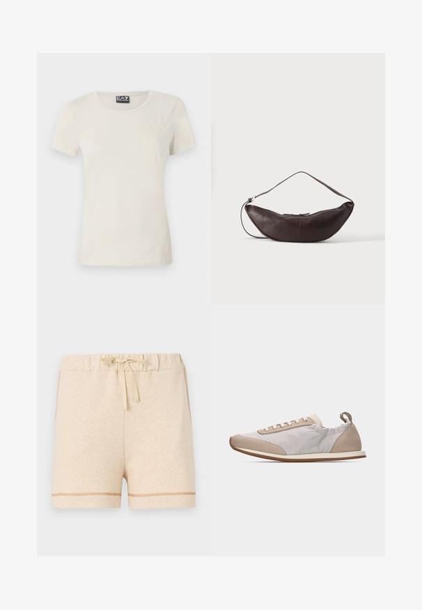 T-shirt beige clair à manches courtes en tissu doux, avec un col ras du cou et un motif subtil à l'avant près du coin supérieur gauche.; Shorts en coton beige avec une taille élastique et un cordon de serrage. Dotés d'une couture contrastante le long de l'ourlet et des côtés.; Baskets beige clair avec lacets blancs, accents en daim au bout et au talon, côtés en tissu doux, et semelle fine en caoutchouc couleur tabac, vue de côté.; Sac d'épaule en cuir marron foncé en forme de croissant avec une lanière courbée et des coutures visibles sur fond uni.