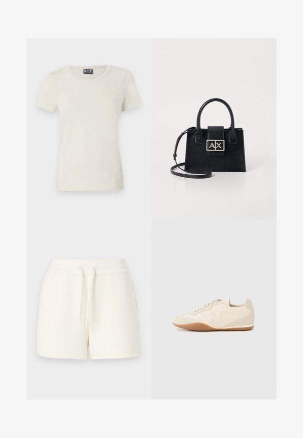 T-shirt beige clair à manches courtes en tissu doux, avec un col ras du cou et un motif subtil à l'avant près du coin supérieur gauche.; Shorts couleur crème en tissu doux, dotés d'une taille élastique avec cordons de serrage et d'un petit logo sur le côté.; Baskets beige clair avec une tige en cuir texturé, des panneaux latéraux texturés et une semelle en caoutchouc. Dotées d'un design fin et épuré ainsi que de lacets plats.; Sac à main en cuir noir avec un design structuré, des poignées supérieures et une bandoulière amovible. Présente une plaque logo en ton argent et une texture lisse.