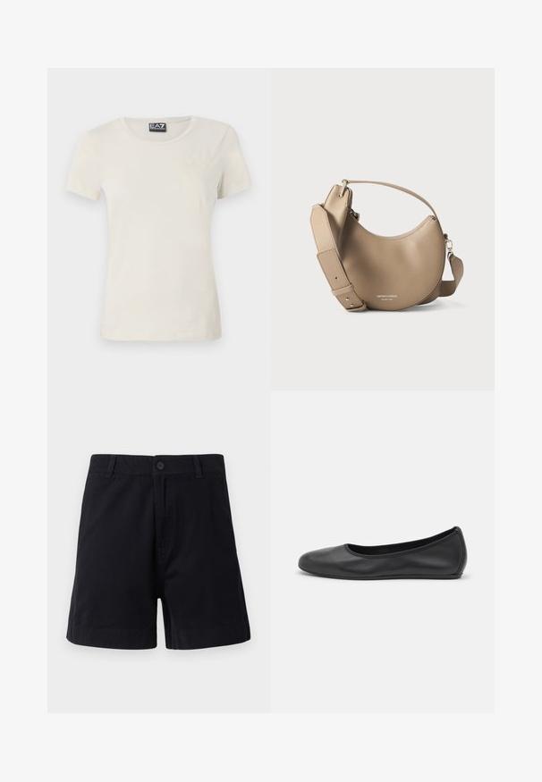 Helles beige T-Shirt mit kurzen Ärmeln aus weichem Stoff, mit einem Rundhalsausschnitt und einem dezenten Muster auf der Vorderseite in der oberen linken Ecke.; Dunkelblaue Baumwollshorts mit Knopfverschluss, seitlichen Taschen und geradem Schnitt, mit glatter Textur und einfachem Design.; Schwarze Leder-Ballettschuhe mit abgerundeter Spitze, glatter Textur, minimalen Nähdetails und einem flexiblen Sohlen-Design.; Beigefarbene Lederhandtasche in Halbmondform mit breitem, verstellbarem Riemen und kleinem Griff, geprägt mit silbernem Marken- und Standorttext.