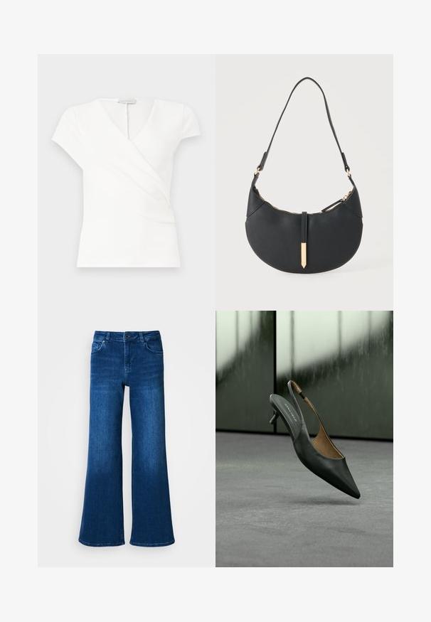Haut blanc à manches courtes pour femmes avec col en V et design portefeuille, présentant de subtils plis à l'avant.; Jean en denim bleu à jambe large avec taille haute, doté de cinq poches, fermeture à bouton et à zip, et d'une texture lisse et uniforme.; Chaussure slingback à talon kitten noire à bout pointu, avec une fine bride et une étiquette « ANNA FIELD » sur la semelle intérieure, sur un fond gris flou.; Sac à main noir en forme de croissant avec une bandoulière unique, une fermeture éclair dorée et une languette décorative rectangulaire dorée à l'avant.