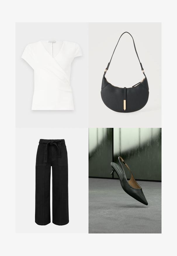 Haut blanc à manches courtes pour femmes avec col en V et design portefeuille, présentant de subtils plis à l'avant.; Pantalon noir à taille haute, jambes larges, avec poches plaquées à l'avant et ceinture en tissu nouée en nœud à la taille.; Chaussure slingback à talon kitten noire à bout pointu, avec une fine bride et une étiquette « ANNA FIELD » sur la semelle intérieure, sur un fond gris flou.; Sac à main noir en forme de croissant avec une bandoulière unique, une fermeture éclair dorée et une languette décorative rectangulaire dorée à l'avant.