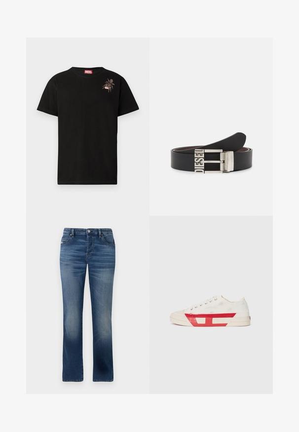 T-shirt en coton noir à manches courtes, présentant un motif de spider décoratif sur le côté gauche de la poitrine et une étiquette rouge du logo Diesel au niveau du col.; Jeans en denim bleu foncé avec une coupe droite, dotés de poches avant, d'un léger délavage et d'une fermeture à bouton classique à la taille.; Baskets en toile avec un dessus blanc, des accents en caoutchouc rouge et un design texturé. Elles présentent une tête arrondie et cinq œillets pour les lacets.; Ceinture en cuir noir avec une boucle en métal argenté portant le texte en relief "DIESEL". Le design est épuré avec une texture lisse.