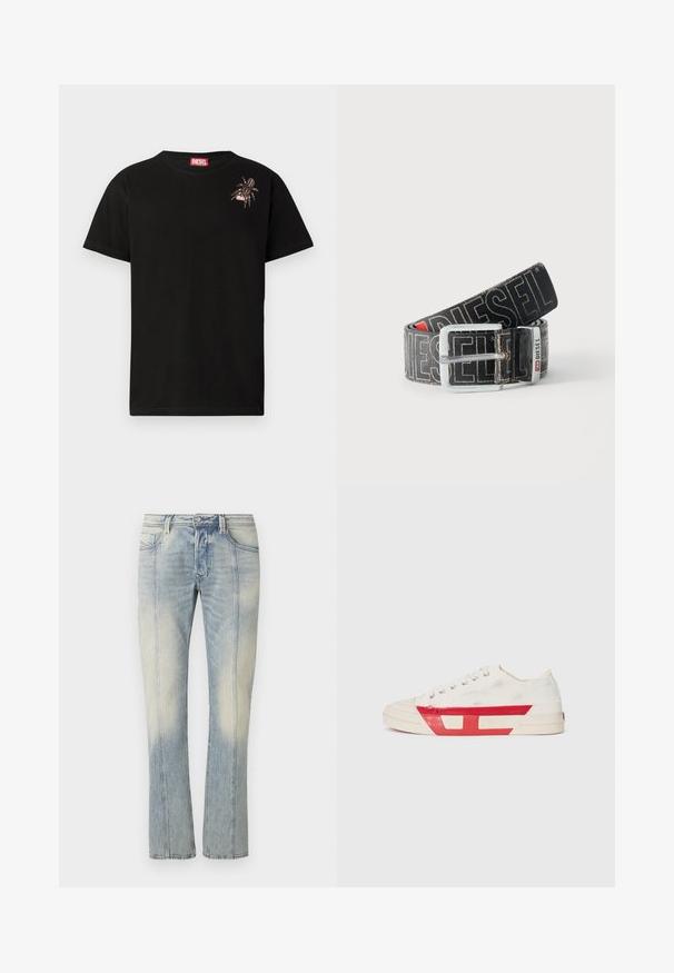 Schwarzes Baumwoll-T-Shirt mit kurzen Ärmeln, das ein dekoratives Spinnennetz-Design auf der linken Brust sowie ein rotes Diesel-Logo-Label am Kragen aufweist.; Hellblaue Jeans aus Denim mit geradem Bein, doppelt abgesteppten Nähten, Fronttaschen und einem verwaschenen Finish. Kein sichtbares Markenzeichen.; Leinensneaker mit weißem Obermaterial, roten Gummidetails und einem strukturierten Design. Verfügt über eine runde Zehenpartie und fünf Ösen für die Schnürsenkel.; Schwarzer Diesel-Gürtel mit großem weißen Logotext, rechteckiger silberner Schnalle und gebrandetem Metallschlaufen-Detail, aufgewickelt auf hellem Hintergrund.