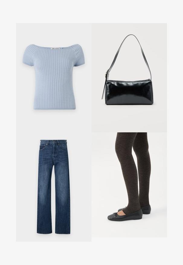 Lichtblauw geribbeld gebreid topje met korte pofmouwen en een off-shoulder halslijn. Heeft een getailleerde silhouet en een gladde textuur.; Blauwe denim wijde pijpen jeans met een gladde textuur, ontwerp met vijf zakken en knoopsluiting. Heeft licht vervaagde gebieden voor extra detail.; Benen met donkere geribbelde leggings gecombineerd met zwarte ballerina's met kleine strikdetails op een witte achtergrond.; Zwarte rechthoekige schoudertas met een enkele verstelbare band en een bovenste ritssluiting op een effen achtergrond.