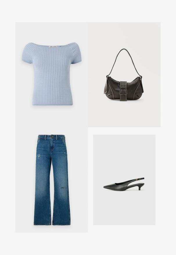 Lyseblå ribbet strikbluse med korte puffærmer og off-shoulder halsudskæring. Har en tætsiddende silhuet og glat tekstur.; Blå denim bukser med brede ben og en falmet struktur, der har to slidte områder foran, en knaplukning og fem lomme-design.; Sorte spidse slingback-sko lavet af glat læder. Har en tynd hæl og en spænde detalje på den justerbare rem.; Sort læder skuldertaske med spænde på remmen, afrundede kanter og kontrasterende hvide syninger på en ensfarvet baggrund.