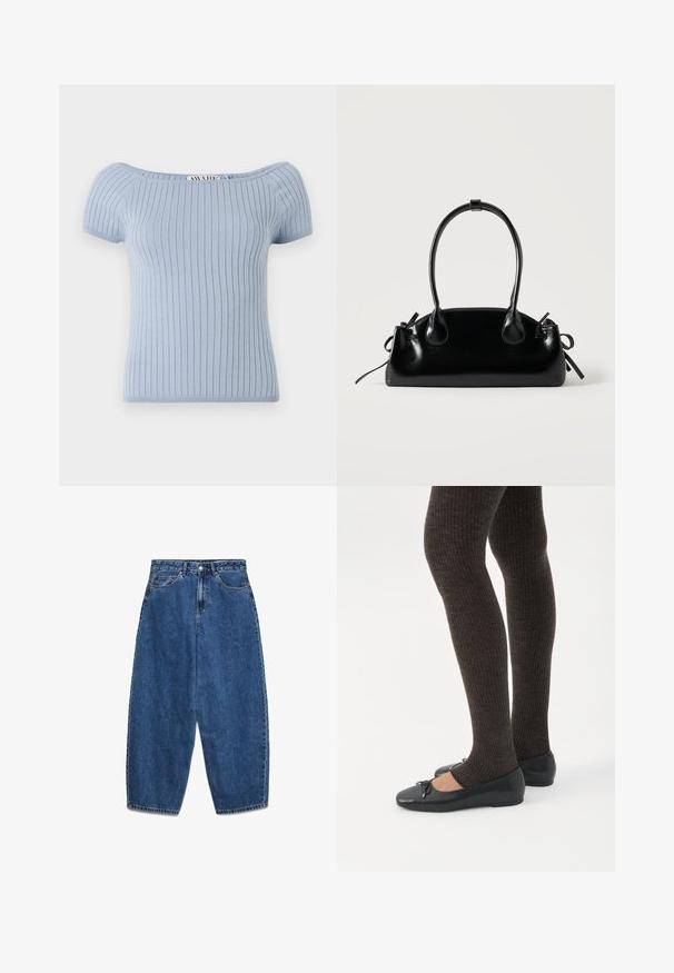 Lyseblå ribbet strikbluse med korte puffærmer og off-shoulder halsudskæring. Har en tætsiddende silhuet og glat tekstur.; Blå denimjeans med høj talje, afslappet pasform og lige ben. Klassisk design med fem lommer, lynlås og knaplukning.; Ben iført mørke ribbede leggings kombineret med sorte balletsko med små sløjfedetaljer på hvid baggrund.; Lille sort blank håndtaske med to lange håndtag og snøre-detaljer i siden på en ensfarvet lys baggrund.
