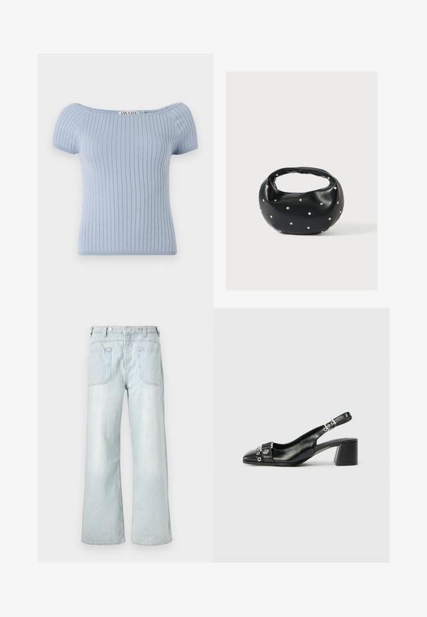 Top de punto acanalado azul claro con mangas cortas abullonadas y escote con hombros al descubierto. Presenta una silueta ajustada y una textura suave.; Jeans de mezclilla de corte amplio en azul claro con una cintura alta, dos bolsillos traseros y un ligero desgastado, con costuras en color amarillo.; Tacón slingback de cuero negro con punta afilada, correa texturizada con acentos metálicos circulares y tacón cuadrado apilado.; Bolso de mano de cuero negro con forma redondeada, decorado con detalles de tachuelas plateadas y un asa corta. Textura lisa y cierre con cremallera.