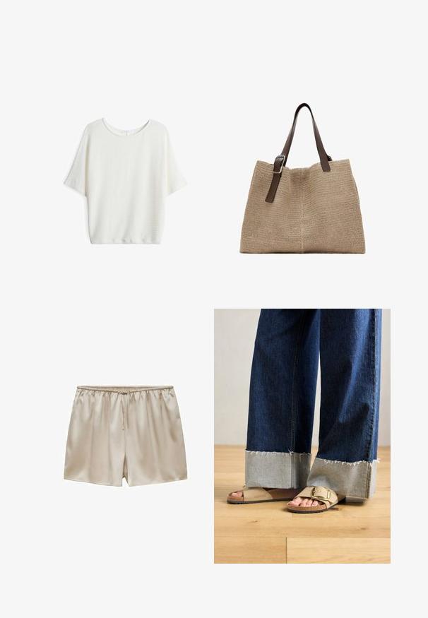 Witte top met korte mouwen en een ronde hals, gemaakt van een gestructureerde, geweven stof en met een losse pasvorm, geschikt voor casual kleding.; Beige satijnen shorts met elastische tailleband en trekkoord, gladde textuur, ontspannen pasvorm en korte lengte.; Voeten in beige Birkenstock-sandalen met gouden gespen, gecombineerd met donkerblauwe denimspijkerbroeken die bij de boorden opgerold zijn, staande op een houten vloer.; Beige geweven tote bag met twee donkerbruine verstelbare leren schouderriemen en een zilveren gesp aan één riem.