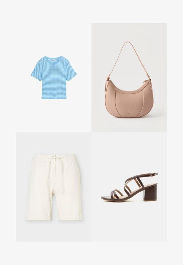 Hellblaues Hemd mit horizontalen weißen Streifen, kurzen Ärmeln, rundem Hals und lockerer Passform. Hergestellt aus einem weichen Baumwollmaterial.; Off-white knielange Shorts mit elastischem Bund, Kordelzug, Fronttaschen und lockerer Passform aus leichtem Stoff.; Braune Ledersandale mit Riemchen, mittelhohem Blockabsatz und verstellbarem Schnallen-Knöchelriemen auf weißem Hintergrund.; Beige, halbmondförmige Ledertasche mit einem einzelnen Schulterriemen, goldfarbenem Reißverschluss und kleinem goldfarbenem Logo auf der vorderen Mittelpartie.