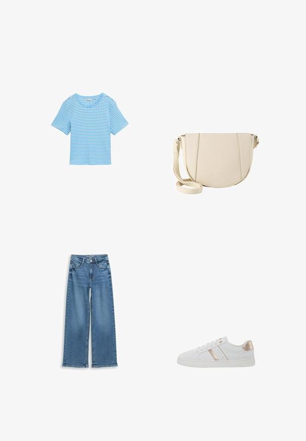 Hellblaues Hemd mit horizontalen weißen Streifen, kurzen Ärmeln, rundem Hals und lockerer Passform. Hergestellt aus einem weichen Baumwollmaterial.; Hellblaue Denim-Jeans mit weitem Bein, hoher Taille, Fünf-Taschen-Design und ausgefransten Saumdetails. Klassische Nähte ergänzen die Stoffstruktur.; Weiße Sneaker mit einem Low-Top-Design, glattem, lederähnlichem Material, metallic roségoldenen Akzenten und einer strukturierten Gummisohle.; Umhängetasche aus strukturiertem, cremefarbenem Kunstleder, halbkreisförmige Form, verstellbarer Riemen, minimalistische Nähte und dezentes Branding am Boden.